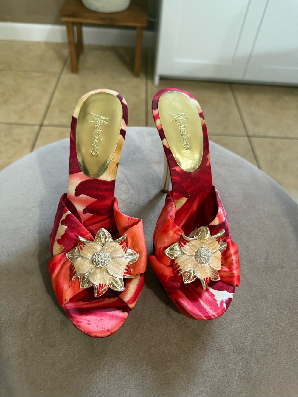 Marciano Floral-Embellished Red Satin Mules